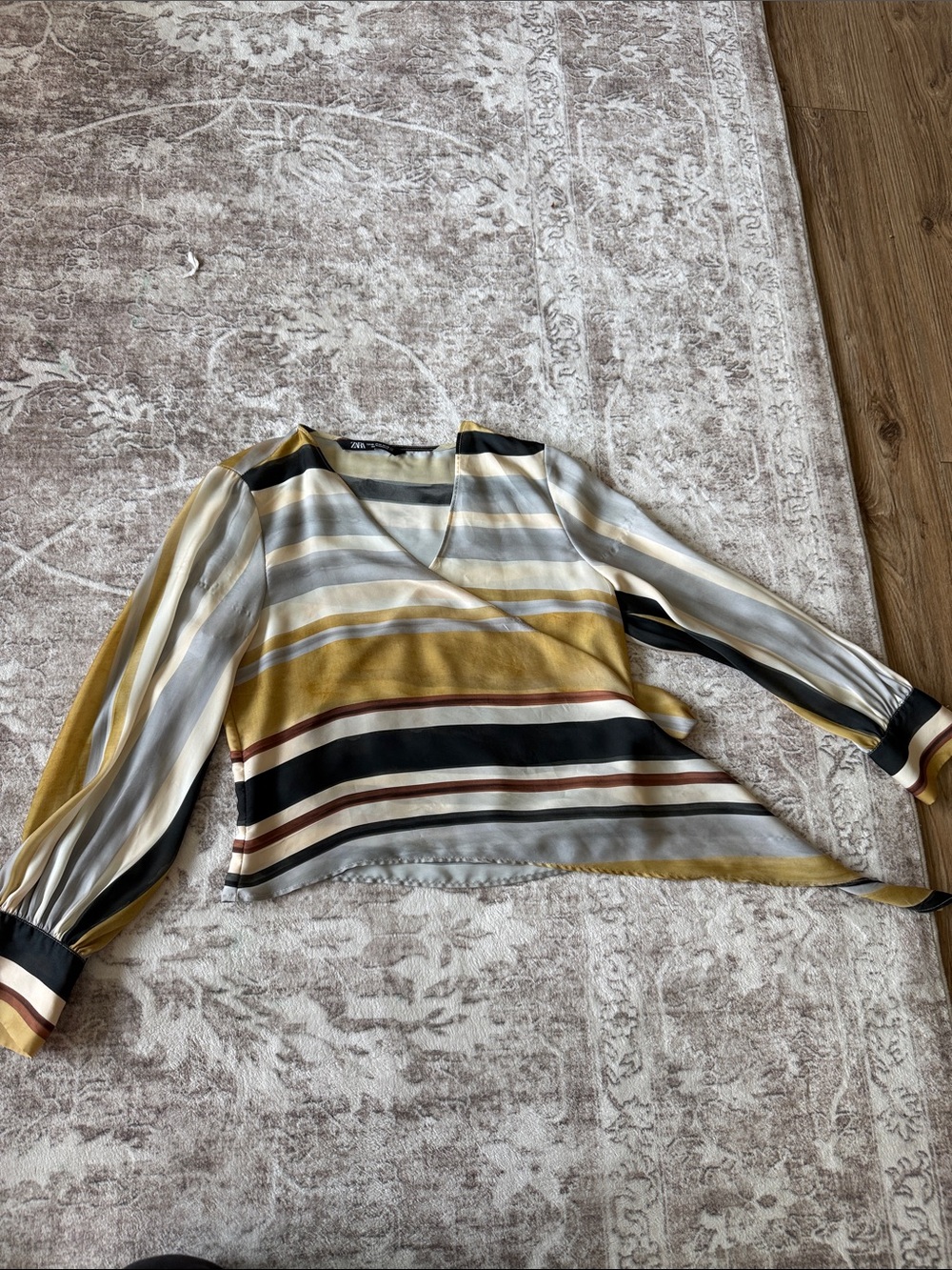 ZARA Striped V-Neck cropped Long Sleeve Blouse in Mustard and Neutral Tones